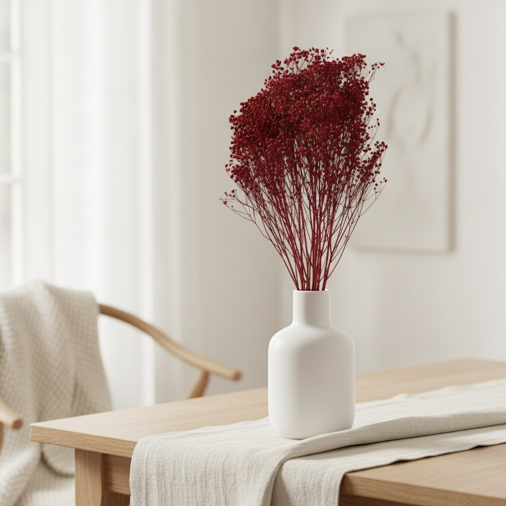 Sušený Broom Bloom v bordovej farbe, zväzok 50 g s dĺžkou približne 45 cm do vázy, kytíc a aranžmánov